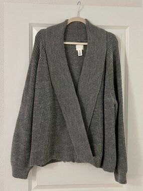H&M HM Gray Faux Wrap Cardigan Sweater, Wool Blend